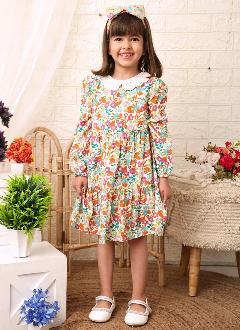 Nautinati Girls' 100% Cotton All-over Floral Print Fit & Flare Dress with Schiffli Peter Pan Collar